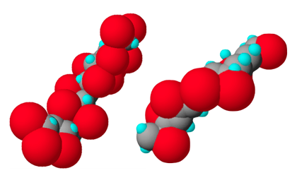 Diagram of CPVC (left) at a molecular level compared to PVC (right). The red spheres represent chlorine elements.